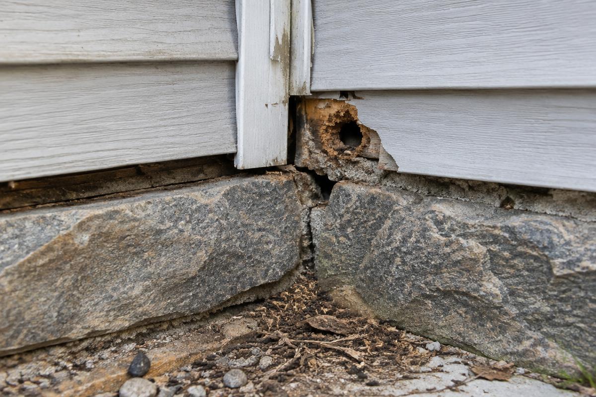 Gnawed gap at a house foundation where mice can get in